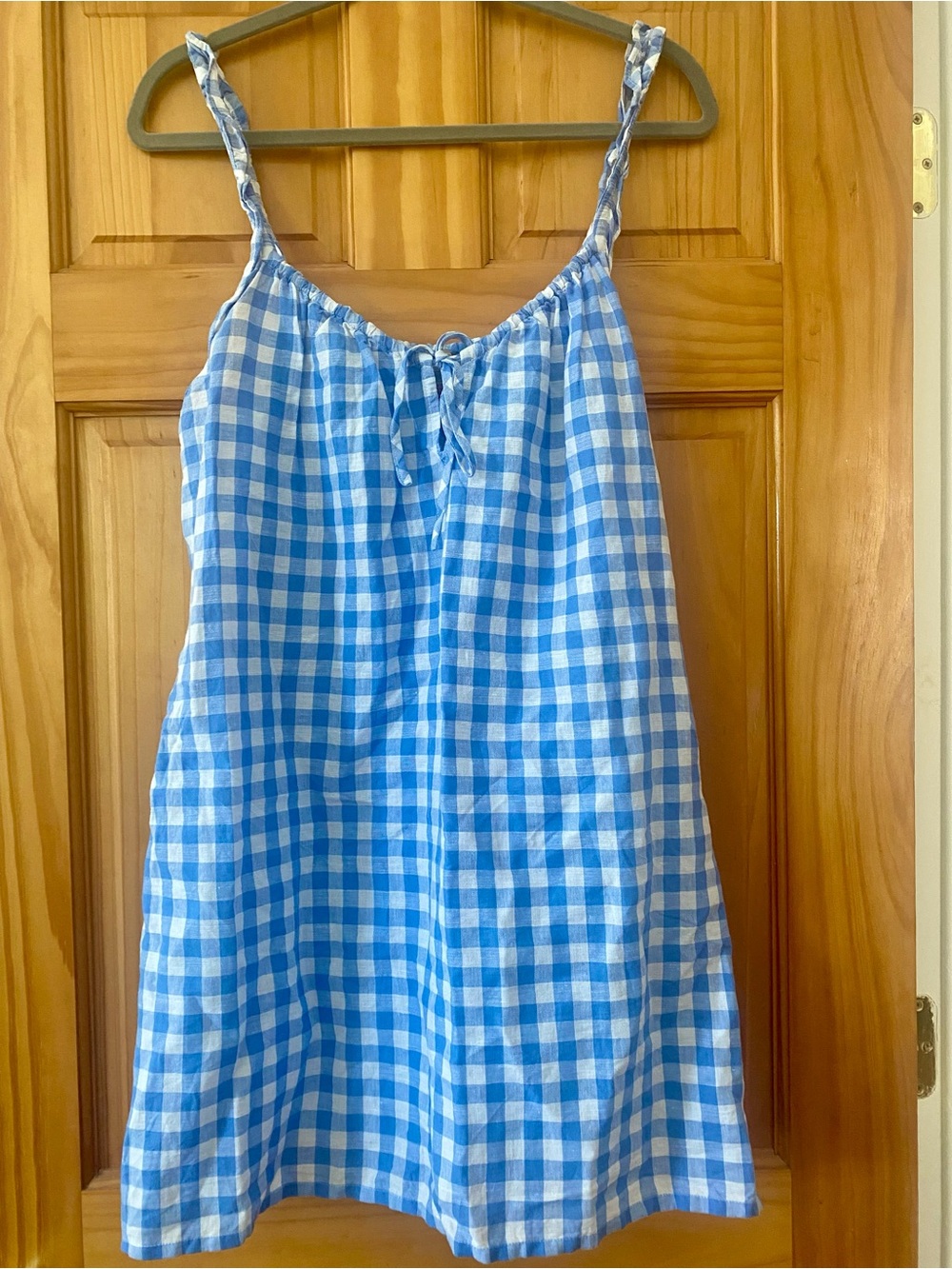 J.Crew Blue White Gingham Linen Blend Tie Front Swing Mini Dress M